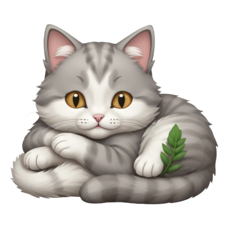 grey and white small cat with its eyes closed lying down with its paw curled and holding up his head sticker