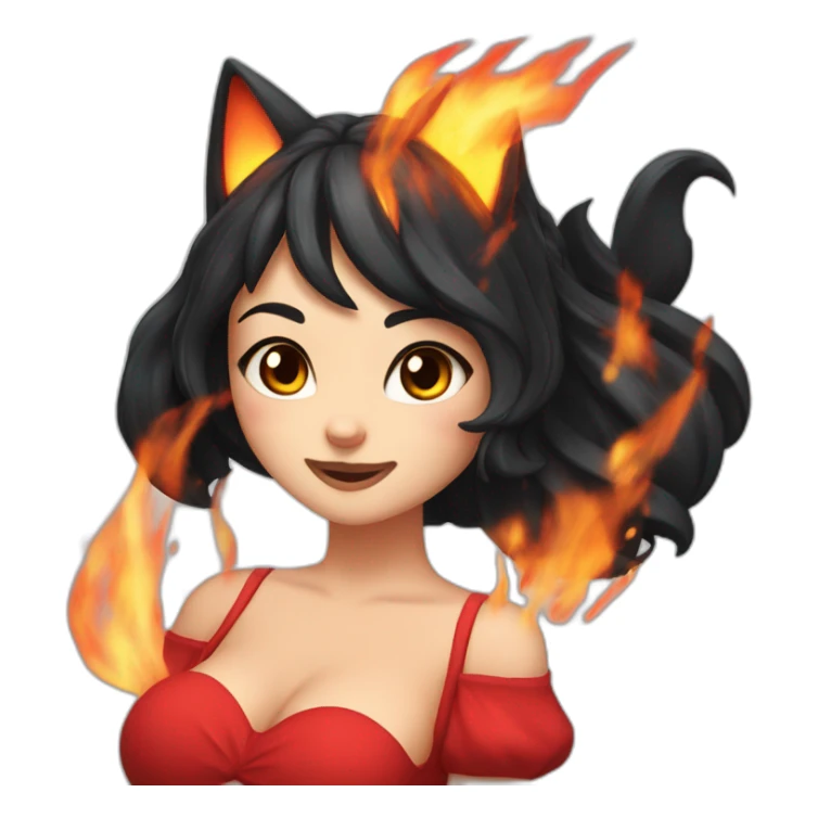 Catgirl with black hair wearing a red dress dousing fire with water sticker