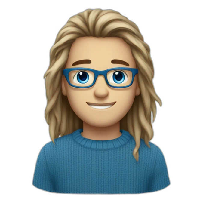 Long emo haired boy blue eyes rectangle nerd glasses smiling wearing blue sweater sticker