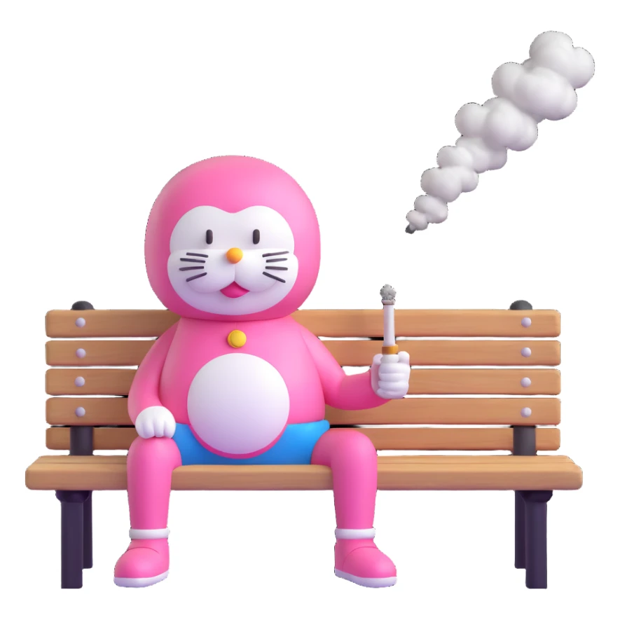 pink Doraemon smoking, sitting on a bench, casual vibe sticker