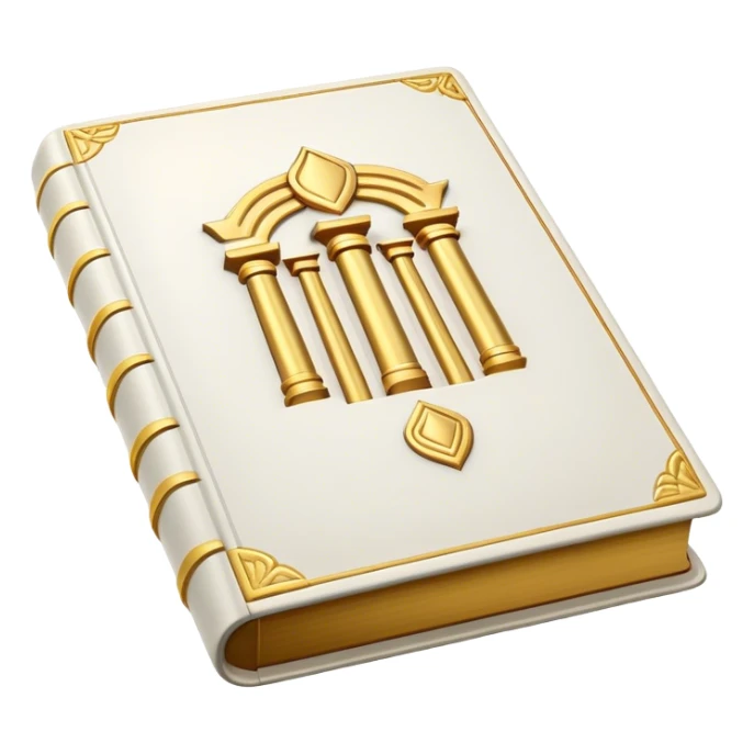 A white leather book with golden accents, smooth and polished, embossed with a symbol of six pillars,, radiating strength, confidence, and the power of self-worth.  sticker