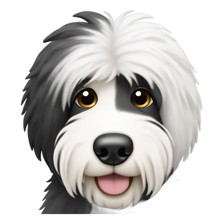 Old English sheepdog with a half and half face like a black (right side) and white (left side) cookie sticker