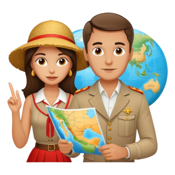Russian man and elegant Spanish girl in vacation outfits with a map planning  sticker