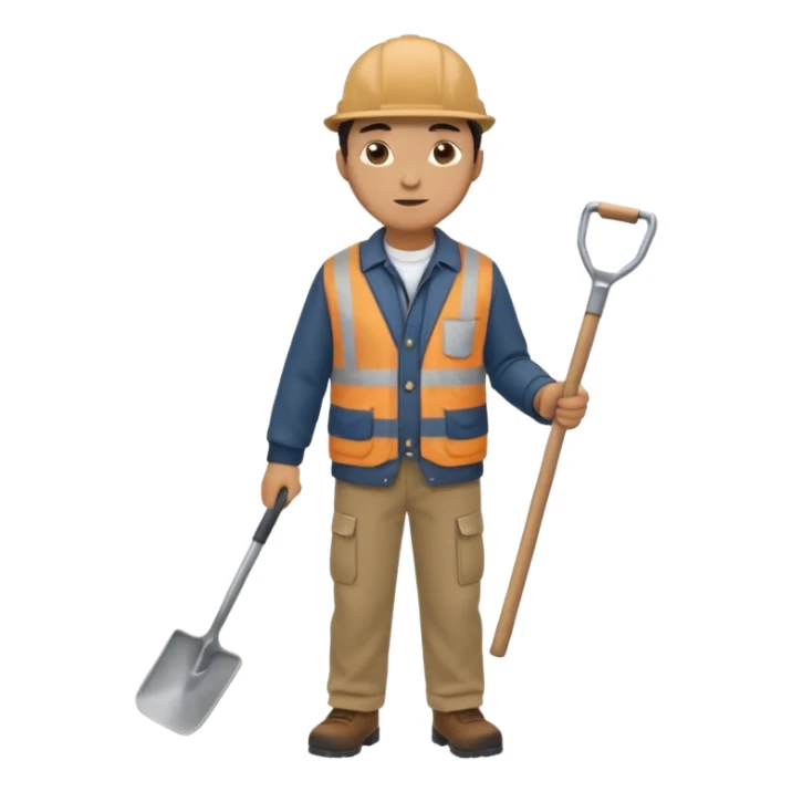 male worker 1950, wearing a flat cap, jacket and trousers, standing holding a shovel sticker