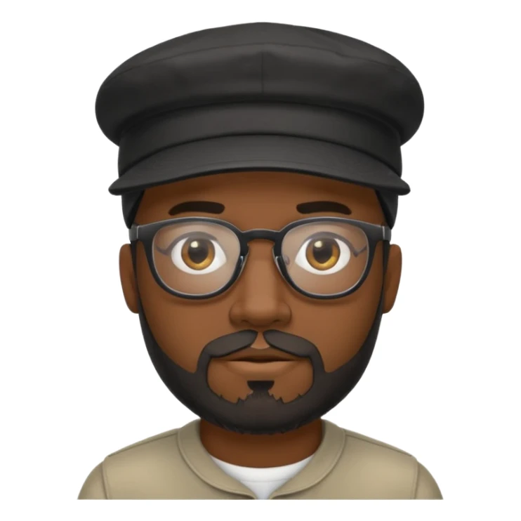 a dark guy with a goate and not bushy mustache and a beard and a cap worn backwards black too wearing glasses sticker