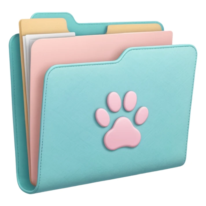 a pastel folder of documents with a pawprint on it sticker
