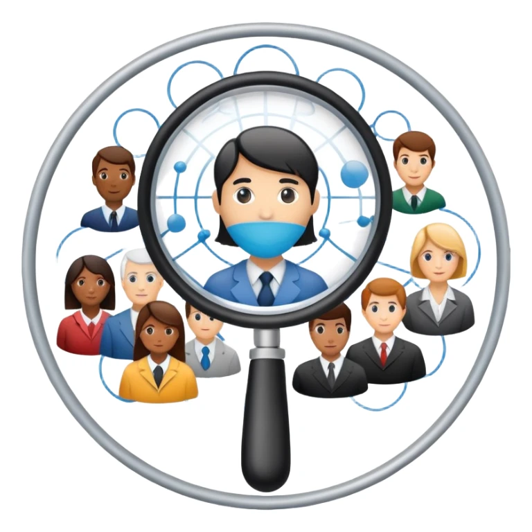 An icon featuring a network of interconnected people, a magnifying glass, and a chart, symbolizing sociology. The design includes diverse figures and social patterns, representing the study of society, behavior, and social structures. Transparent background highlights human interaction sticker