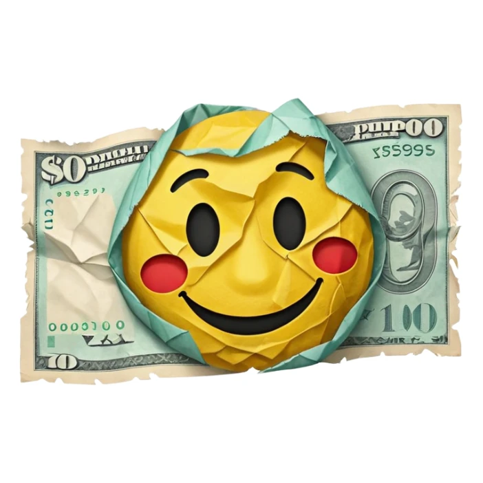 flying ruble banknote with a sad smiley face, dynamic, expressive style similar to 💸 emoji sticker