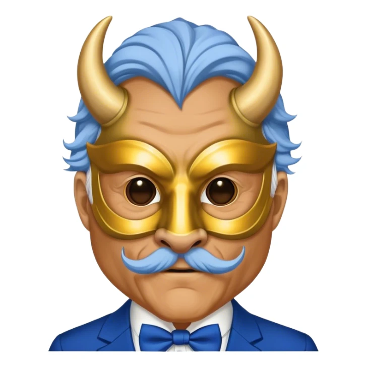 a old man, with a Blue suit,  wear half-face golden Buffalo masquerade mask sticker