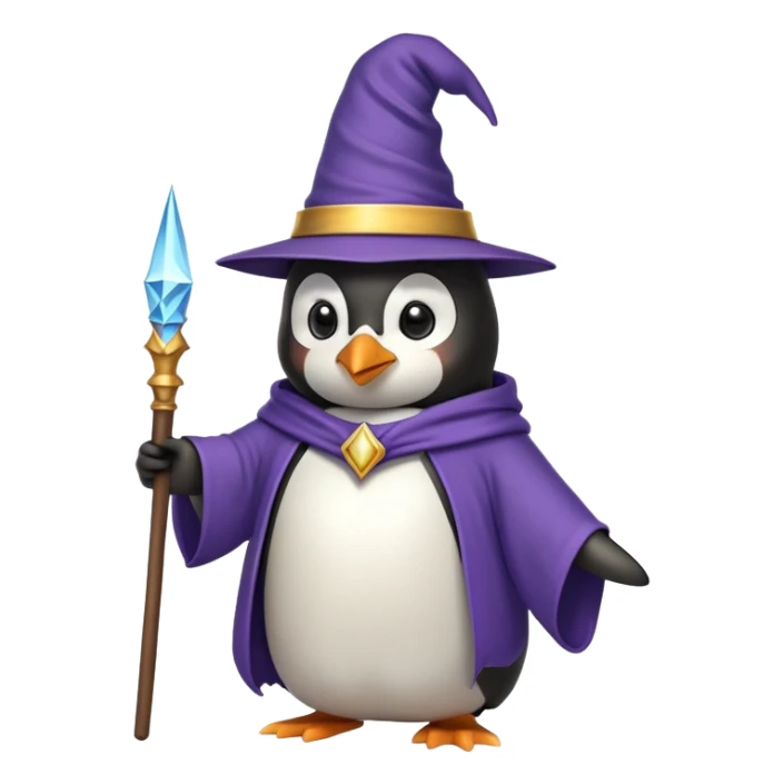 penguin wearing a wizard hat and robe, holding a magic wand sticker