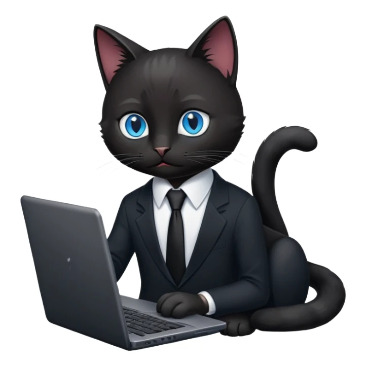 black cat with blue eyes in a black suit with black tie and laptop sticker