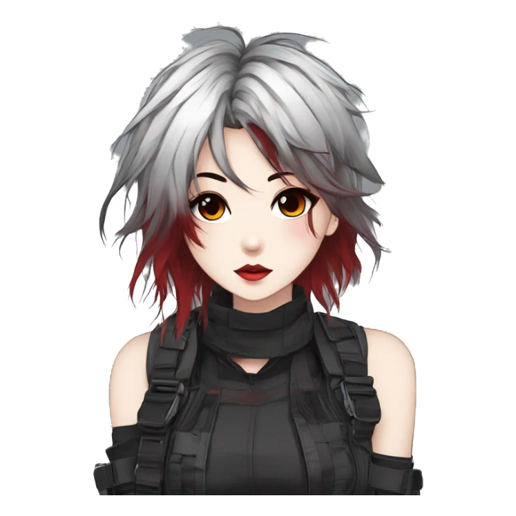 Gorgeous techwear anime style lady with blushing face aesthetic and pretty edgy black red white punk messy hair with collar and harness trending style sticker