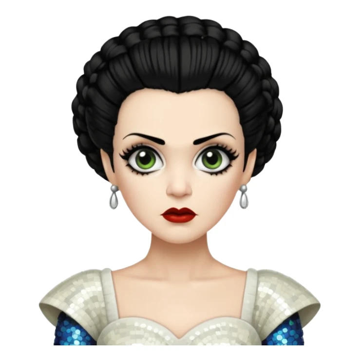 Bride of Frankenstein with black hair, ivory sequin outfit sticker