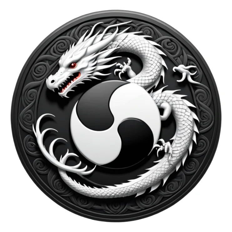 An icon symbolizing Eastern martial arts in the style of an emblem, featuring a black-and-white Yin-Yang symbol and a dragon at the center, surrounded by elements like a dojo. Transparent background highlights balance and power. sticker