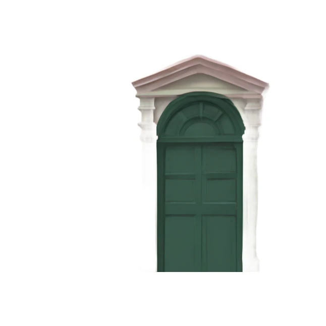 light pink 19th century building with dark green window frames and light blue door and moss green window shutters sticker