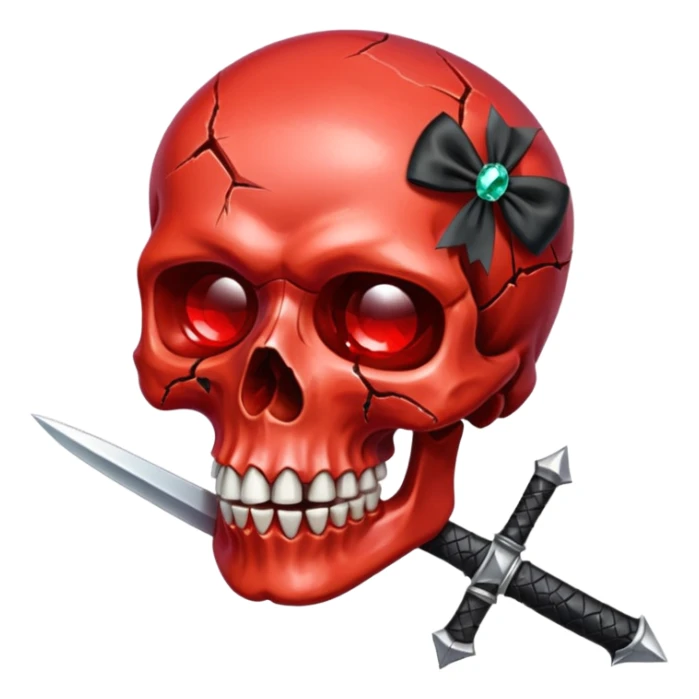 make me a red crystal skull partly see thew super gem like make it realistic and held together by a black bow and a small dager to the eye with cracks coming from it have the bow be loosly tied around the skull holding it together make the blade super realistic  sticker