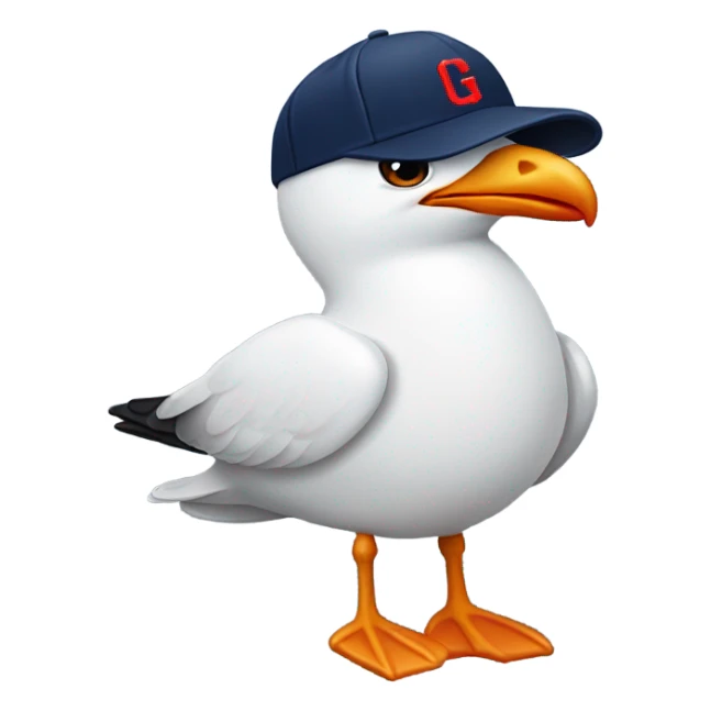 Seagull with wearing navy color baseball cap emblazoned with a red G initial sticker