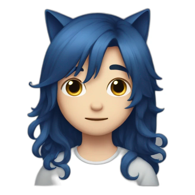 blushing shy, dark blue long hair, cat boy sticker