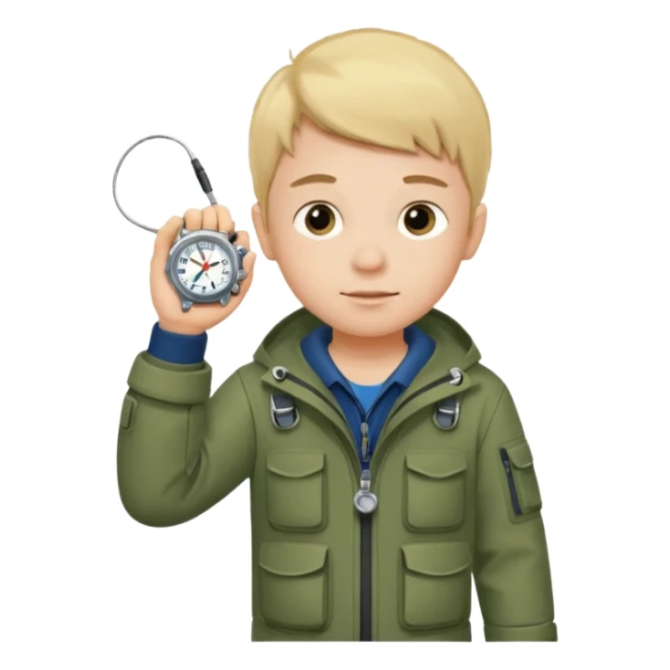 Boy in fishing suit looking at his wristwatch sticker
