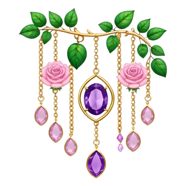 Hanging suncatcher, gold chains with shiny sparkly amethyst and rose-quartz gemstones, roses, beautiful leaves, gorgeous aesthetics sticker