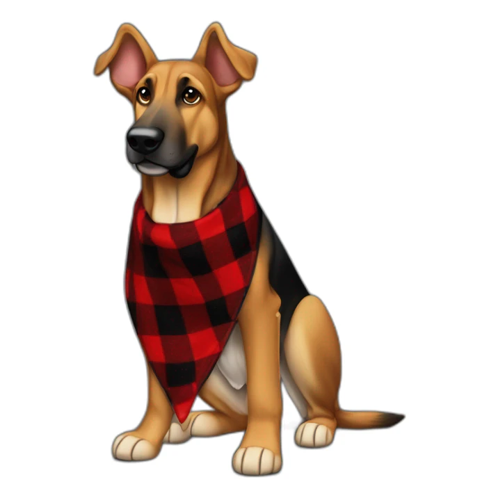 75% Coonhound 25% German Shepherd mix dog wearing small pointed red buffalo plaid bandana side view full body facing left sticker