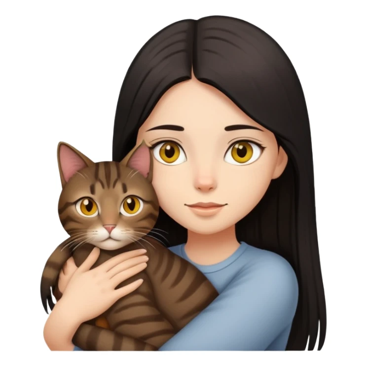 Girl with black long straight hair brown eyes hugging a brown tabby cat yellow eyes sticker