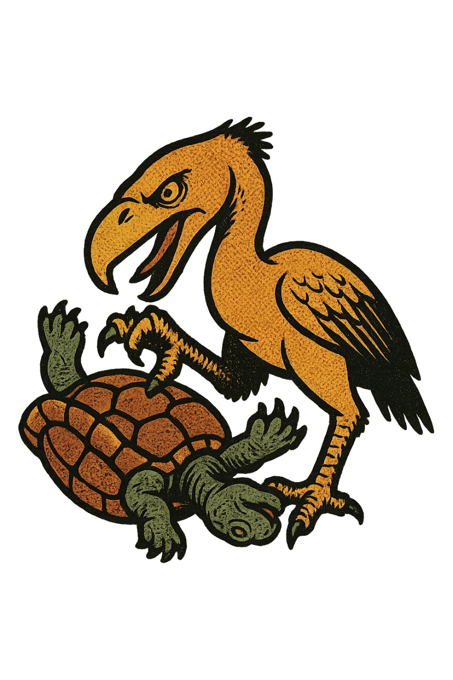 an insignia for a flag: a strange foreign alien bird creature, resembling a prehistoric phorusrhacos, gripping a upside-down tortoise [on its back] with a claw with its' beak tearing down into it
 sticker