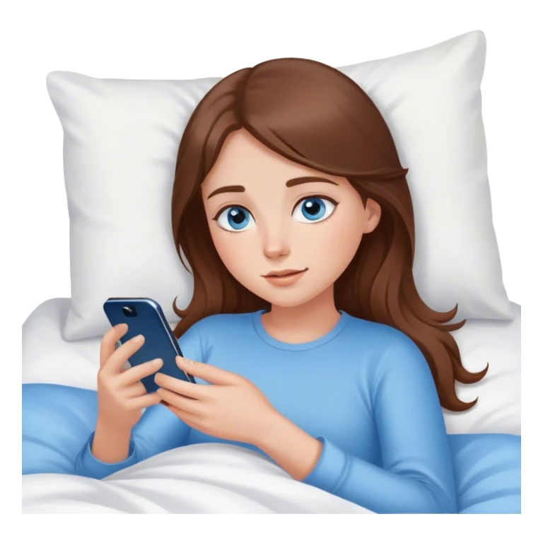White girl brunett blue eyes, laying In bed using her phone sticker
