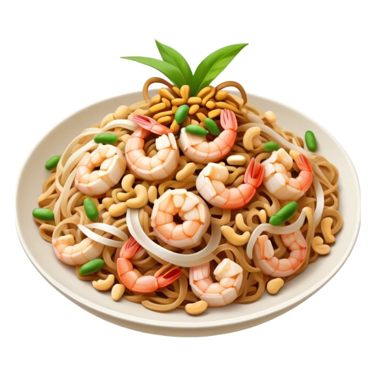 Cinematic Realistic Pad Thai Dish Emoji, depicted as stir-fried rice noodles with shrimp, tofu, peanuts, and bean sprouts rendered with vibrant textures and dynamic, appetizing lighting. sticker