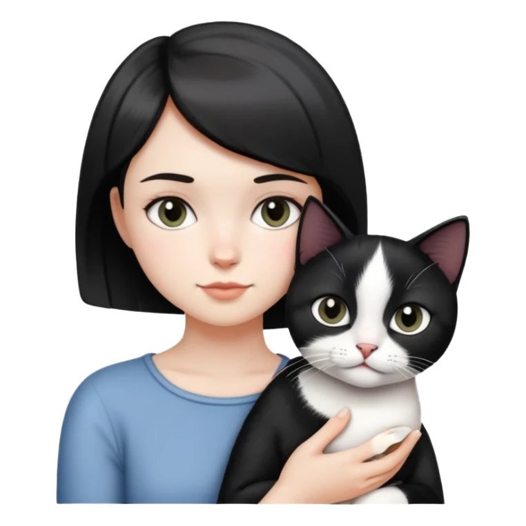 A short-haired girl holding a black and white cat sticker
