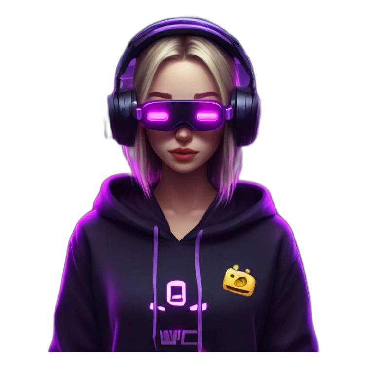 Russian girl wearing a black hoodie with "OMG" letters on it and VR headset in a cyberpunk VR environment with violet neon lighting. sticker