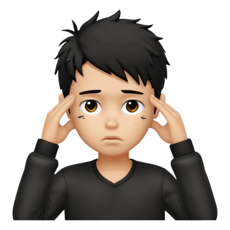 a PRETTY BRATZ boy with black messy hair, one hand on head. looking sad sticker