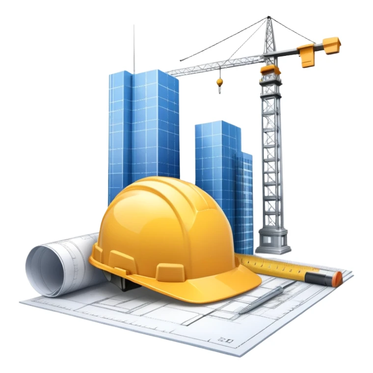 An icon featuring a blueprint, a hard hat, and construction tools, symbolizing architecture and construction. The design includes a ruler, building materials, and a skyscraper, representing the design and building process. Transparent background highlights the art and science of creating structures. sticker
