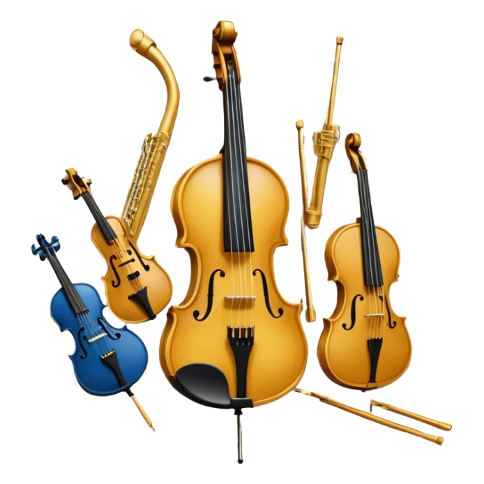 Create an artistic emoji that represents music arrangement and orchestration. The design should feature various orchestral instruments (drums, violin, electric guitar, synthesizer) and conductor's baton, musical scores. Incorporate flowing lines to represent harmony and orchestral balance, along with a subtle representation of sheet music. Use rich, classical colors like gold, silver, or deep blue, and create an atmosphere of sophistication and precision. The background should be transparent. sticker