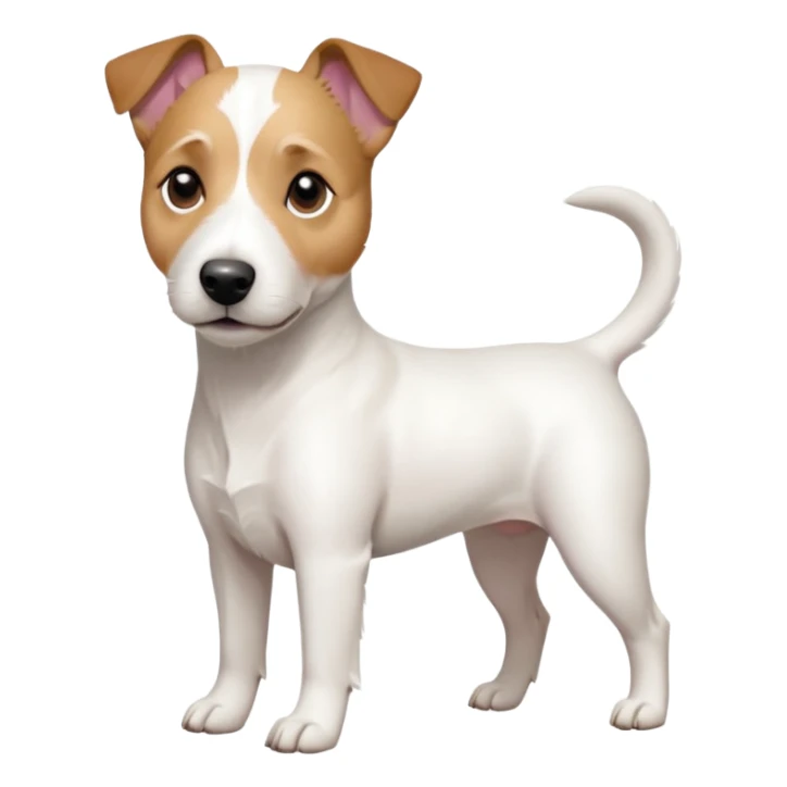 a full body slightly chubby white parson russell terrier looking dog the size of a kelpie with light brown long ears and a light brown patch on one eye and a large snout. the rest of the dog is completely whiteforward facing sticker