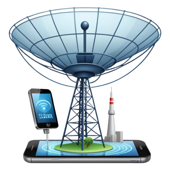 An icon featuring a satellite dish, a cell tower emitting signals, and a smartphone displaying a chat interface. The design includes fiber-optic cables and data waves, symbolizing global communication, connectivity, and information exchange. Transparent background. sticker