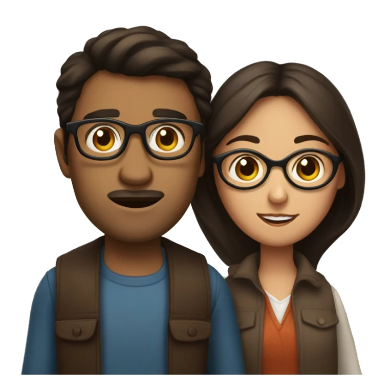 a dark-haired woman and a bespectacled brown-haired man holding her sticker
