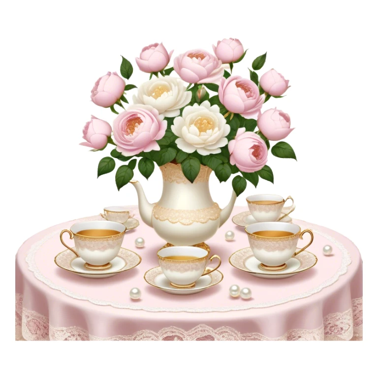 An enchanting garden tea party setting with a vintage lace tablecloth, golden-rimmed porcelain teacups, a centerpiece of light pink roses and white peonies in a pearl-trimmed vase, with delicate pearl butterflies flitting through the soft sunlight.
 sticker