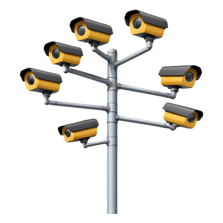 Multiple CCTV cameras on a pole in black facing individual different directions  sticker