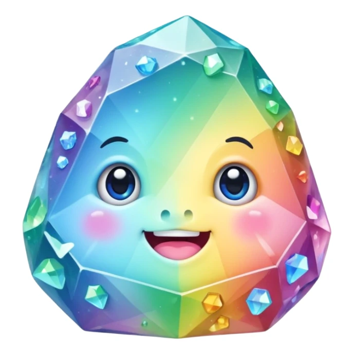 A single pastel rainbow crystal rock character, chubby and heavy with a chunky, irregular polygon shape,covered in faceted crystal planes and small chips, big glossy rainbow eyes and a small smiling mout sticker
