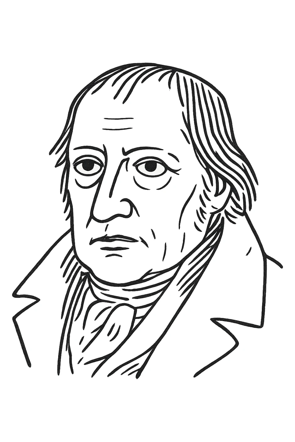 a hand drawn black outline portrait of philosopher Hegel with similar-sized eyes based a famous portrait of him sticker