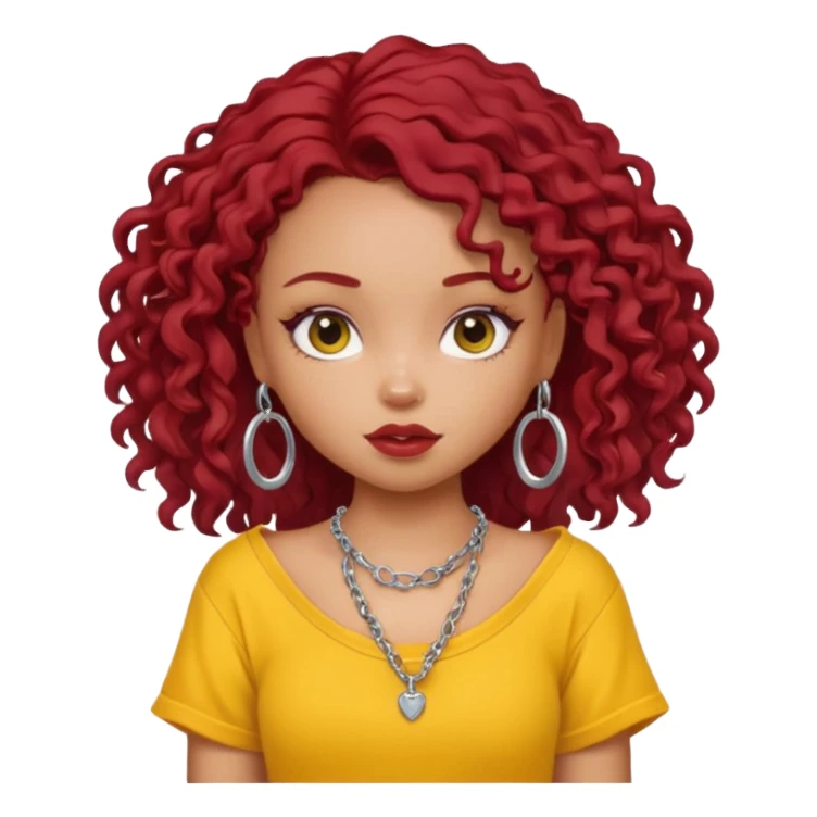 generate a pretty bratz girl with an oversized yellow tshirt falling off her shoulders, wearing a silver dainty necklace, curly dark red hair sticker