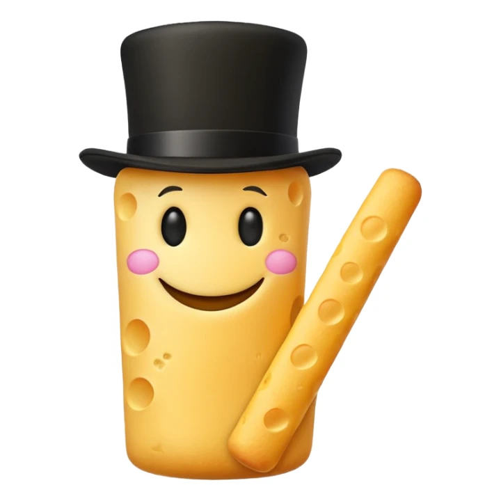Cheese stick with a smiley face wearing a top hat sticker