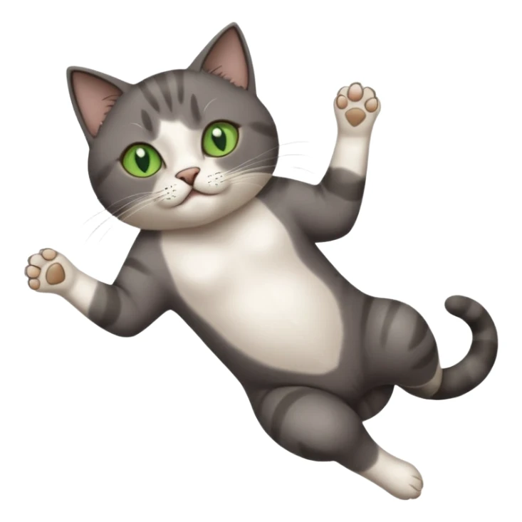 dark grey cat with green eyes, white toes/paws and white patch on her chest playfully rolling upside down sticker