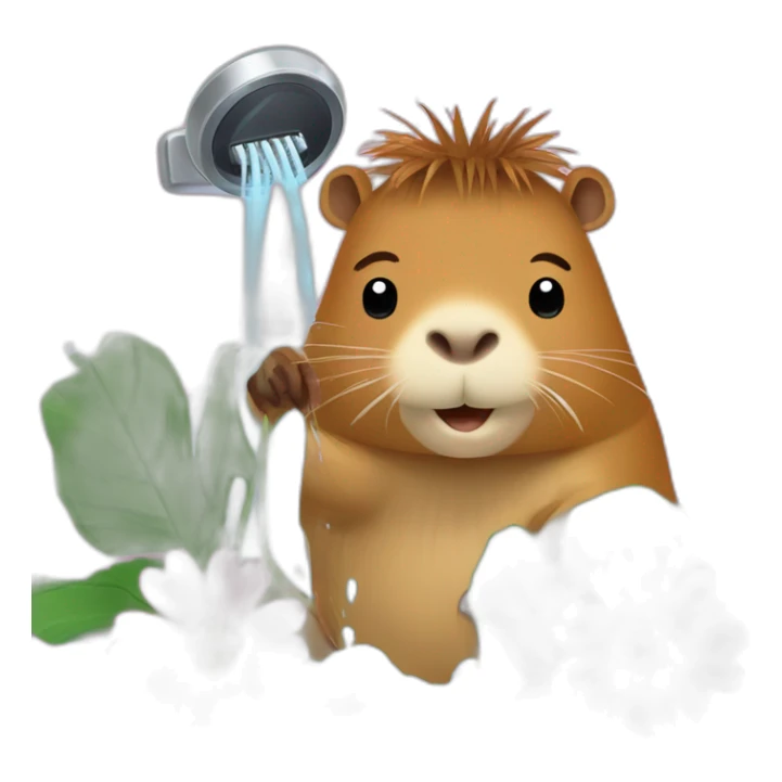 Un capybara avec son téléphone sous la douche qui utilise une fleur de douche sticker