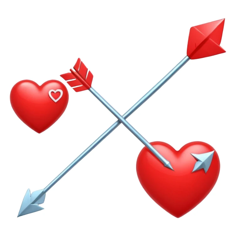 Apple-style 3D illustration of a glossy red heart pierced by a horizontal double-ended arrow. One end of the arrow has a small female symbol, the other end has a small male symbol. The heart is centered, shiny, with soft shadows, floating on a clean white background, minimal and emotional design sticker