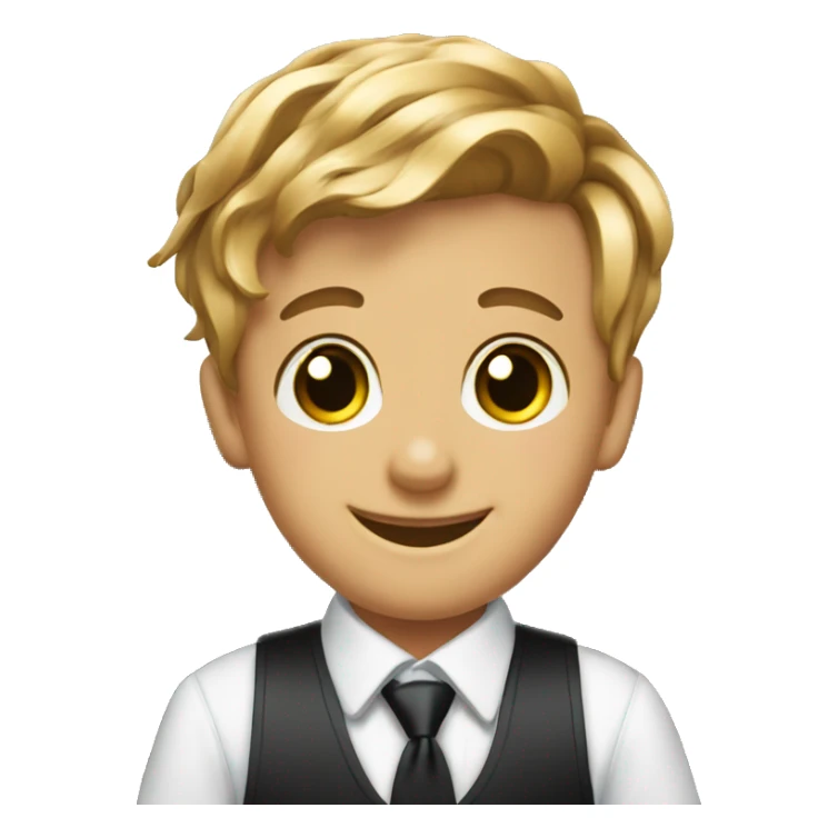 smiling boy in formal attire in a barber shop holding scissors and blades  sticker