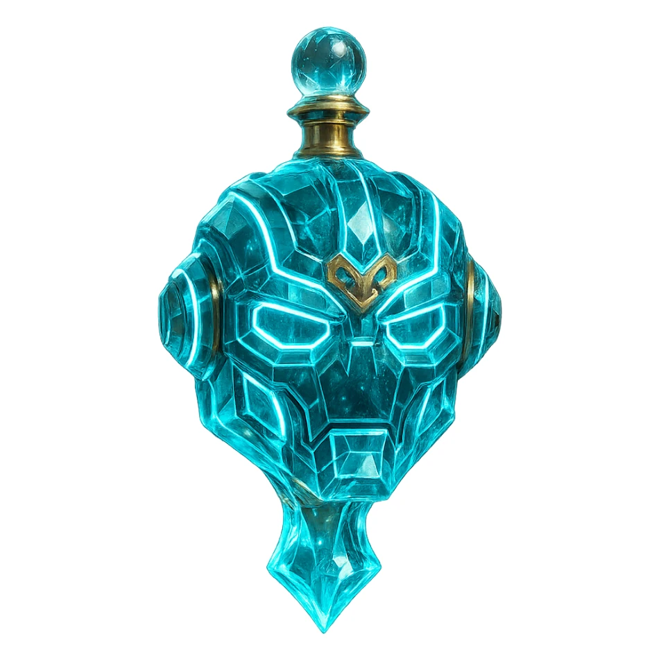 premium class crystal elixir bottle in the shape of a robot head, cyan color, lots of glowing, edges, ornaments, golden details, magical effects, very small golden neck, transparent background, beautiful merging bottom, clearly floating in the air, no base or shadow, very luxurious, futuristic, matching the collection sticker