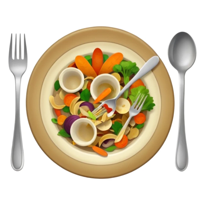 dirty plate from food scraps and vegetable leftovers, small fork and spoon resting on the plate sticker