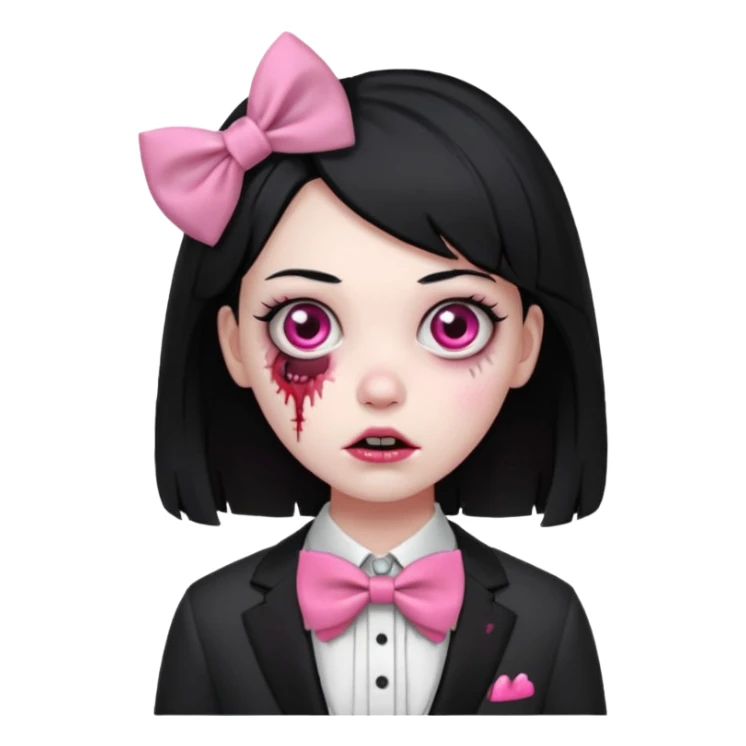 zombie girl, black hair with pink bow tie sticker